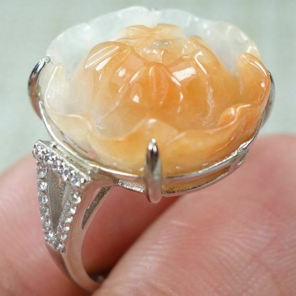 Certified Yellow 100% natural A jadeite jade Ring~Rich Flower 戒指 - Picture 7 of 12